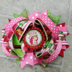 Girls 4.5" Red Green Strawberry Grosgrain Boutique Bottle Cap Hair Bow